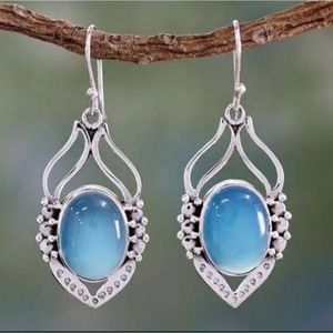 Sterling Silver and blue irridescent cats eye boho drop earrings new